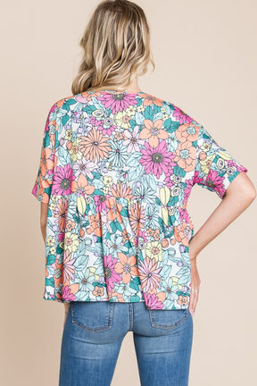 BOMBOM Floral Round Neck Short Sleeve Blouse-True and Wild