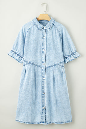 Blue Mineral Washed Ruffled Short Sleeve Pocketed Denim Dress-True and Wild