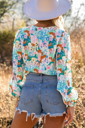 Light Blue Floral Print Boho Wrap V Neck Puff Sleeve Bodysuit-True and Wild