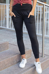 Black Pleated Casual Pocket High Waisted Leggings-True and Wild