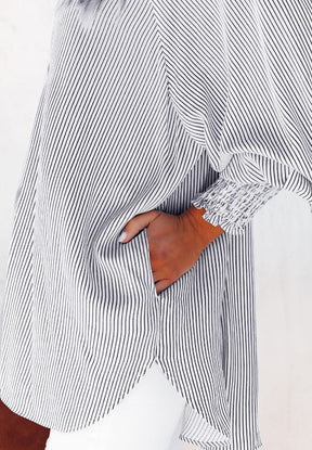 Striped Collared Neck Lantern Sleeve Shirt