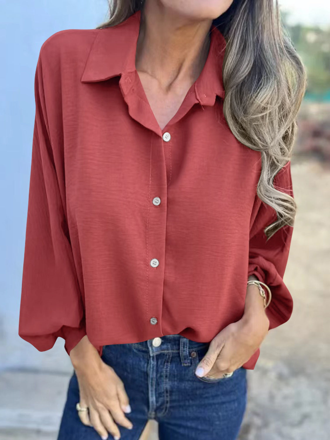 Full Size Collared Neck Long Sleeve Shirt-True and Wild