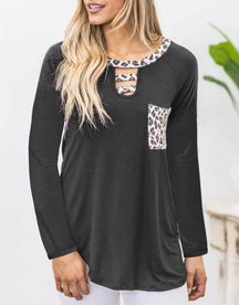 Cutout Leopard Round Neck Long Sleeve T-Shirt-True and Wild