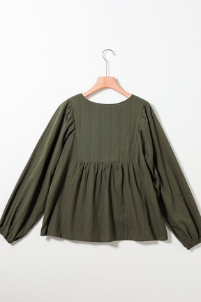 Green Embroidered Split Neck Pleated Loose Blouse-True and Wild