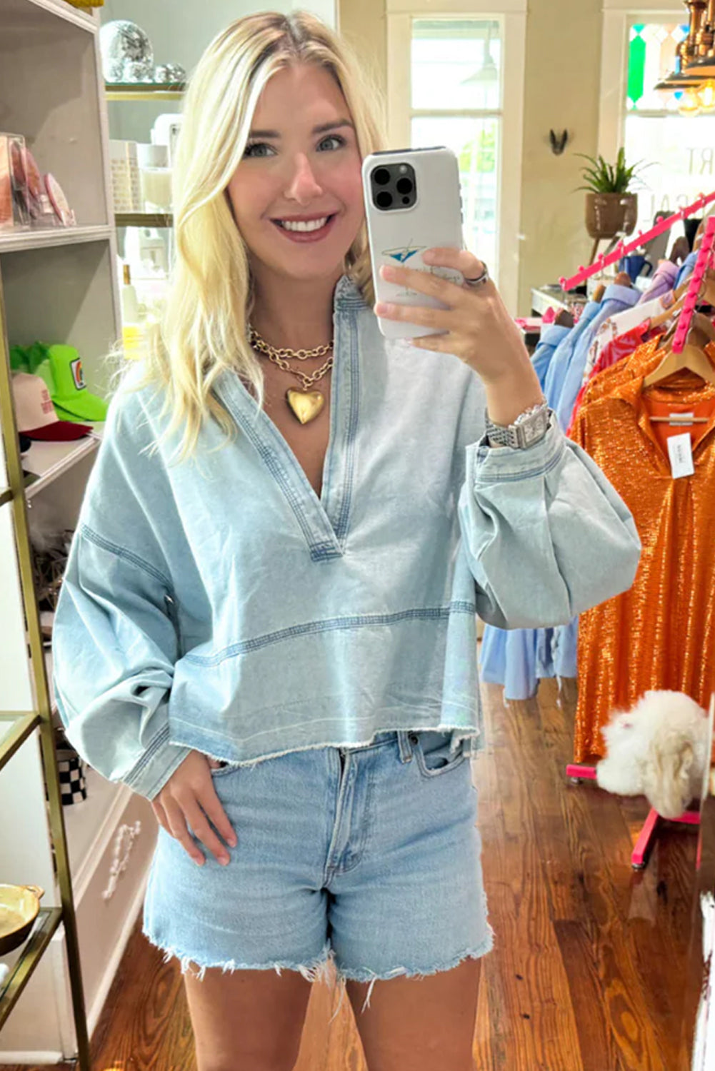 Beau Blue Light Wash Puff Sleeve V Neck Denim Blouse-True and Wild