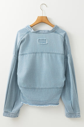 Beau Blue Light Wash Puff Sleeve V Neck Denim Blouse-True and Wild