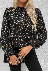 Black Leopard Print Puff Sleeve Mock Neck Pleated Blouse-True and Wild