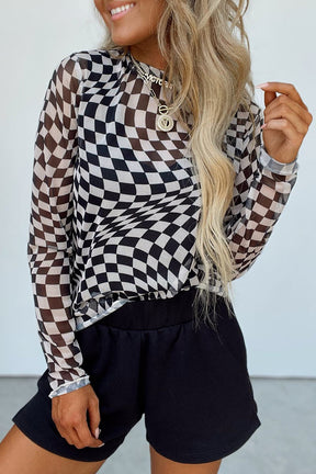 Black Checkered Pattern Mesh Long Sleeve Top-True and Wild