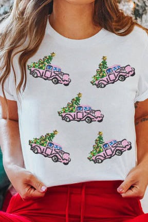 White Truck Christmas Tree Patched Pattern Crewneck Tee