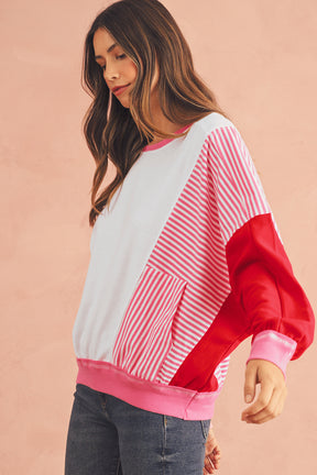 Rose Red Striped Patchwork Side Pocket Loose Sweatshirt-True and Wild