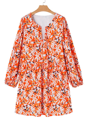 Orange Floral Print Split V Neck Bubble Sleeve Plus Size Midi Dress-True and Wild