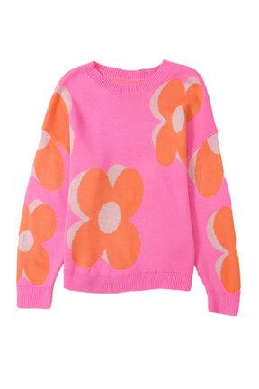 Pink & Orange 60s Floral Cable Knitted Sweater-True and Wild