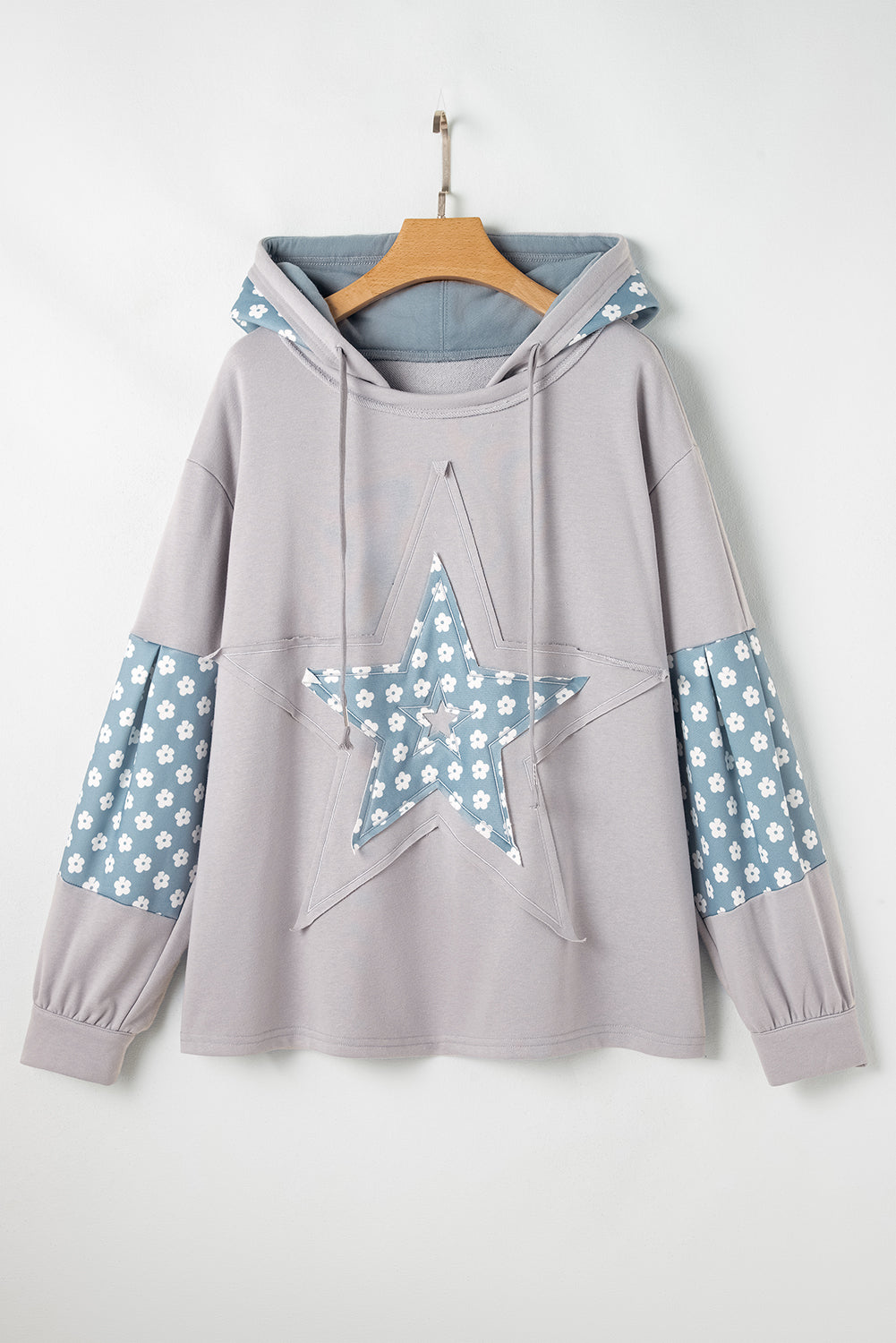 Apricot Floral Patchwork Star Pattern Drawstring Hoodie