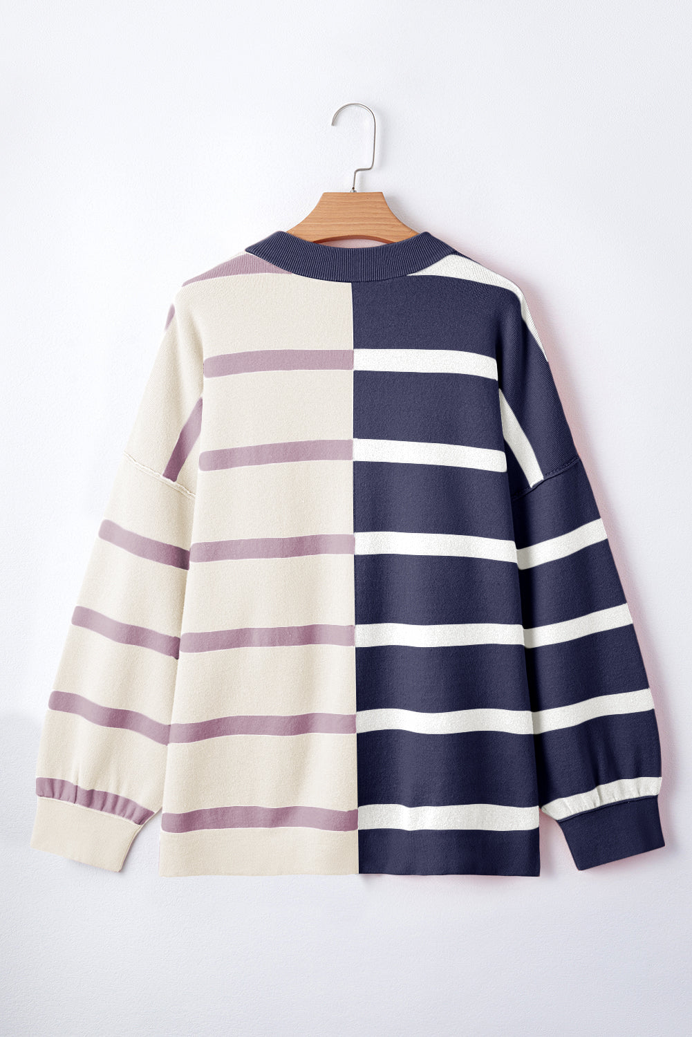 Light Beige Striped Colorblock Drop Shoulder Sweater-True and Wild