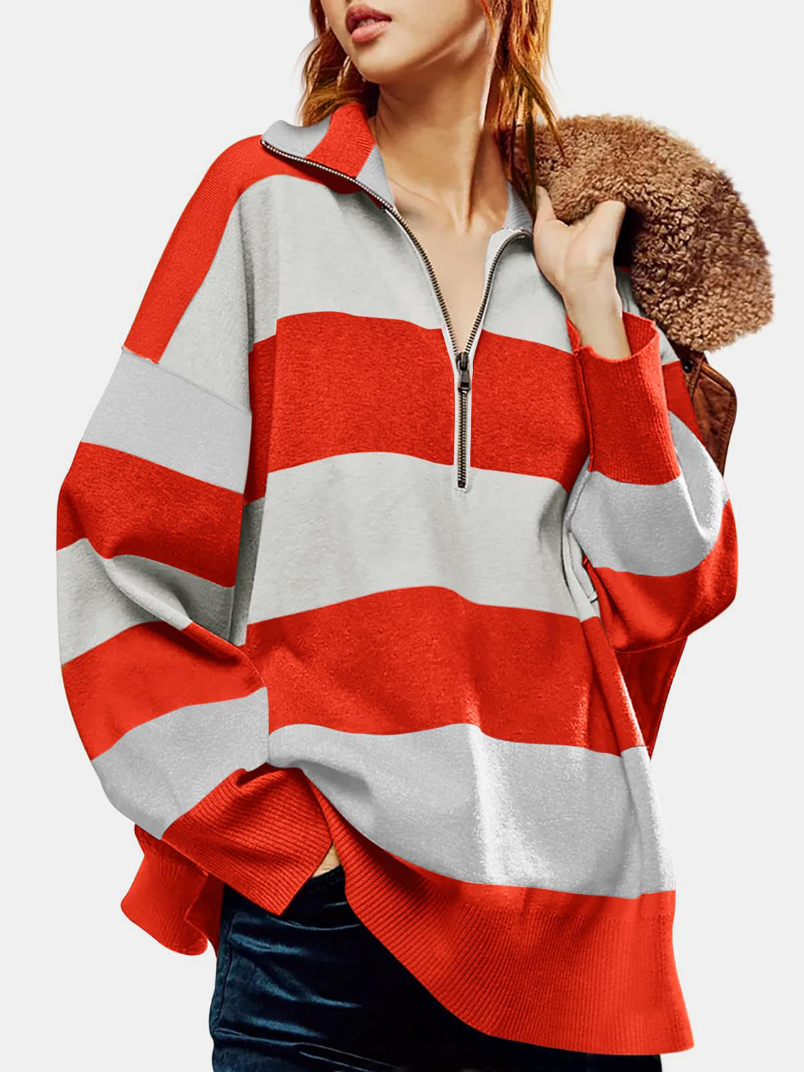 Color Block Half Zip Long Sleeve Sweater-True and Wild