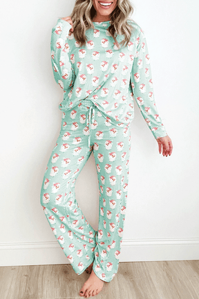 Loungewear Set - Sky Blue Santa Claus Striped Print Loose Fit Two Piece Loungewear Set