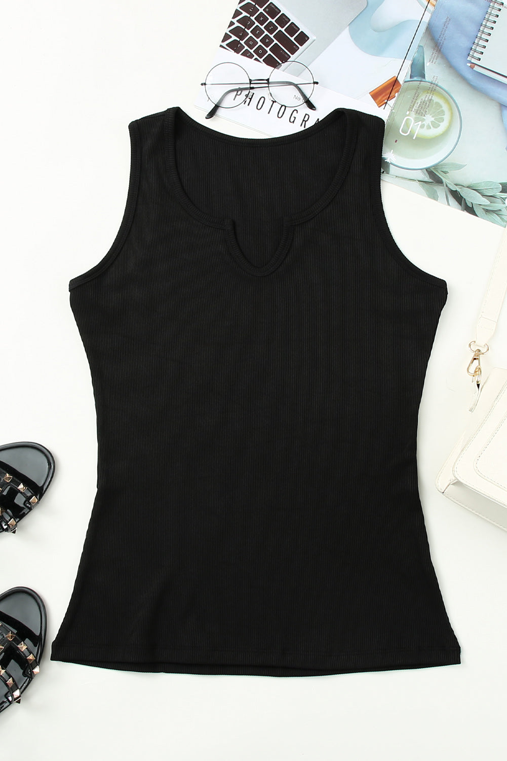 Black Slim Fit Sleeveless Stretchy Ribbed Tank Top-True and Wild