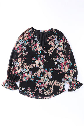 Black Floral Boho Chiffon Peasant Sleeve Blouse-True and Wild