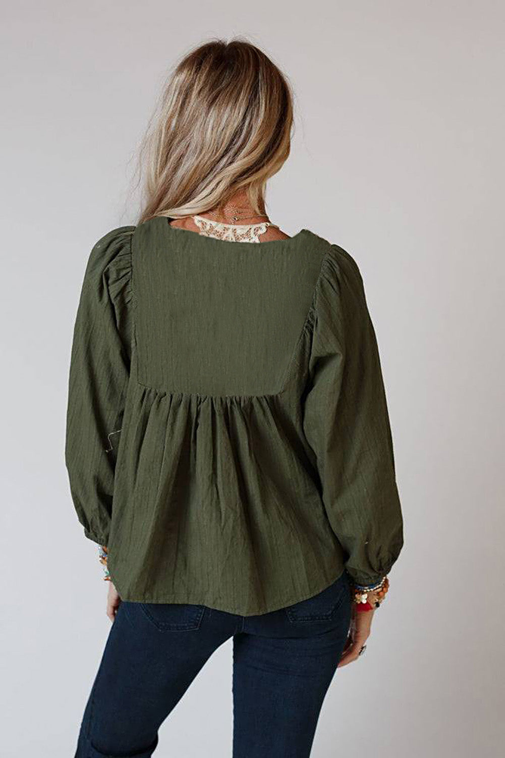 Green Embroidered Split Neck Pleated Loose Blouse-True and Wild