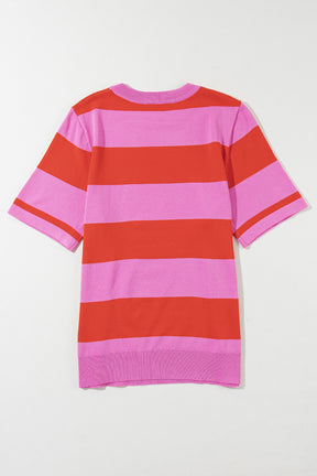 Bright Pink Colorblock Knitted Round Neck T Shirt-True and Wild