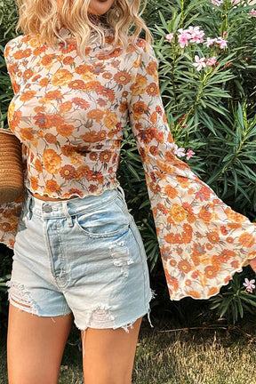 Orange Floral Print Bell Sleeve Mock Neck Scallop Trim Blouse-True and Wild