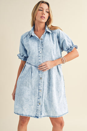 Blue Mineral Washed Ruffled Short Sleeve Pocketed Denim Dress-True and Wild