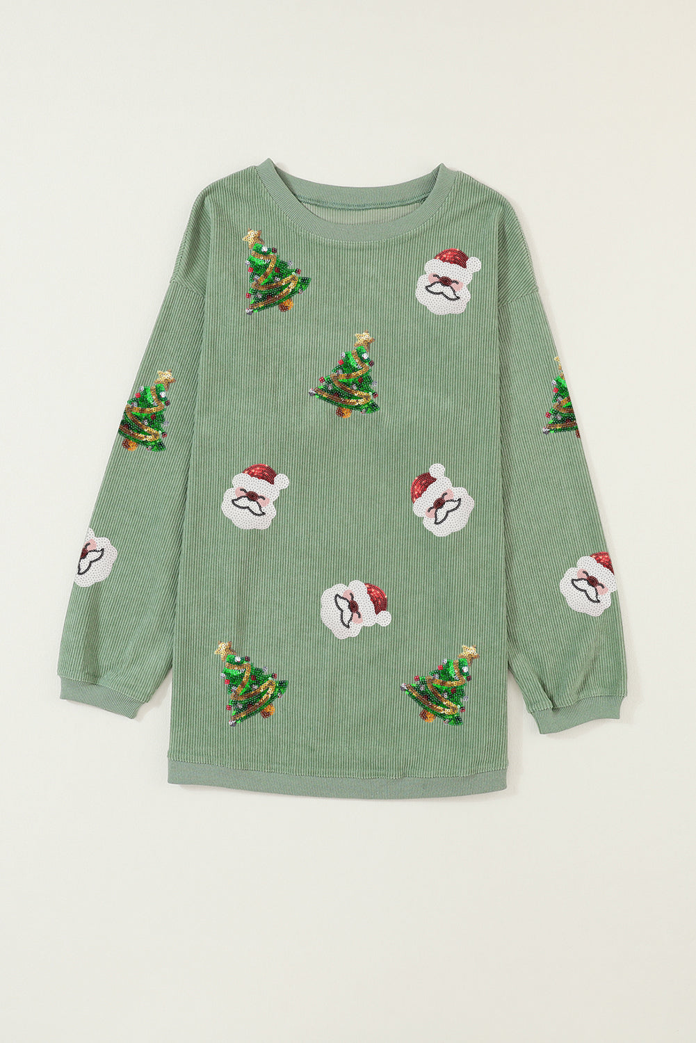 Grass Green Sequin Santa Clause Christmas Tree Patchwork Corded Sweatshirt-True and Wild