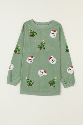 Grass Green Sequin Santa Clause Christmas Tree Patchwork Corded Sweatshirt-True and Wild