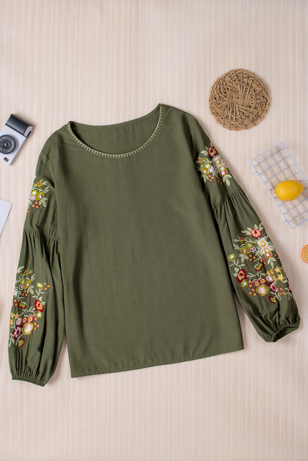 Olive Green Flower Embroidered Long Sleeve Blouse-True and Wild