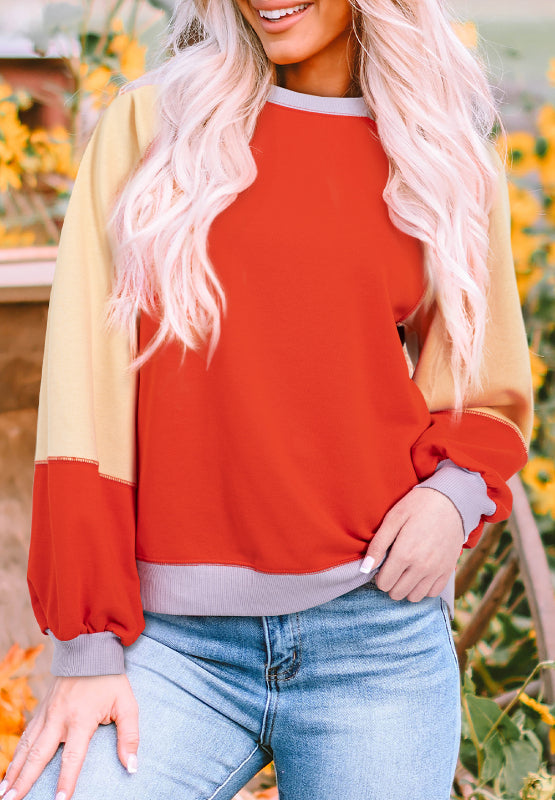 Color Block Round Neck Long Sleeve Sweatshirt-True and Wild