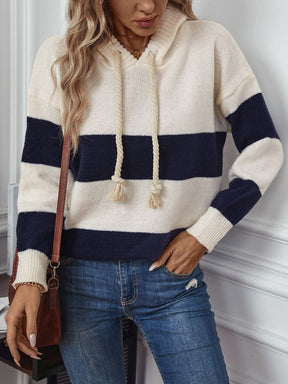 Drawstring Contrast Stripe Dropped Shoulder Hooded Sweater-True and Wild