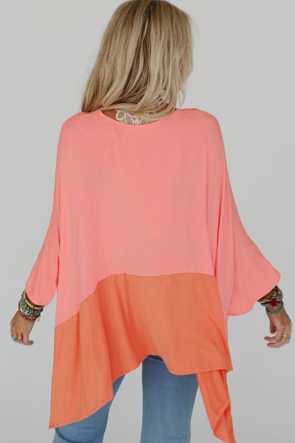 Grapefruit Orange Colorblock V Neck Slits Oversized Top-True and Wild