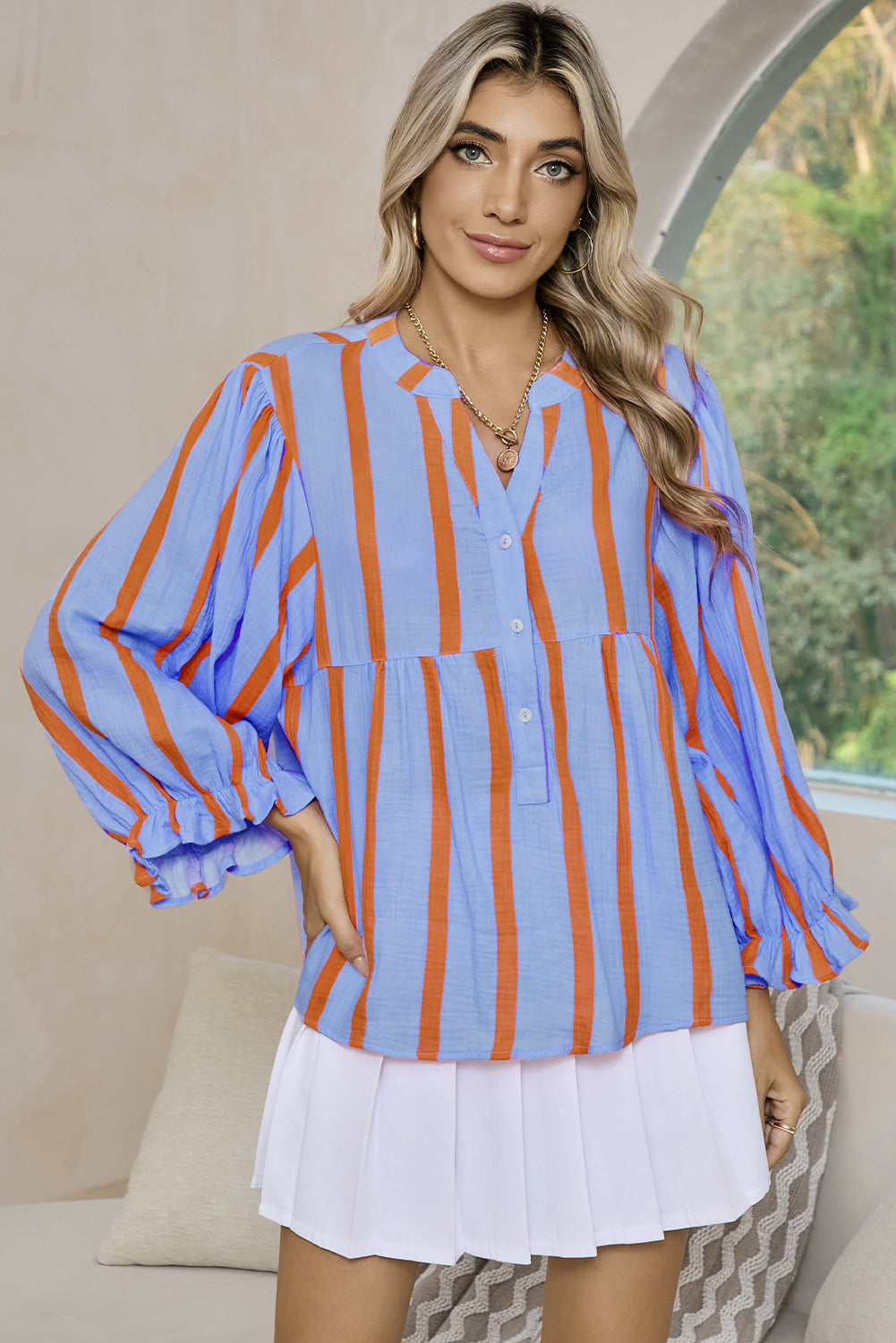 Orange Stripe Crinkle Ruffle Sleeve Loose Top-True and Wild