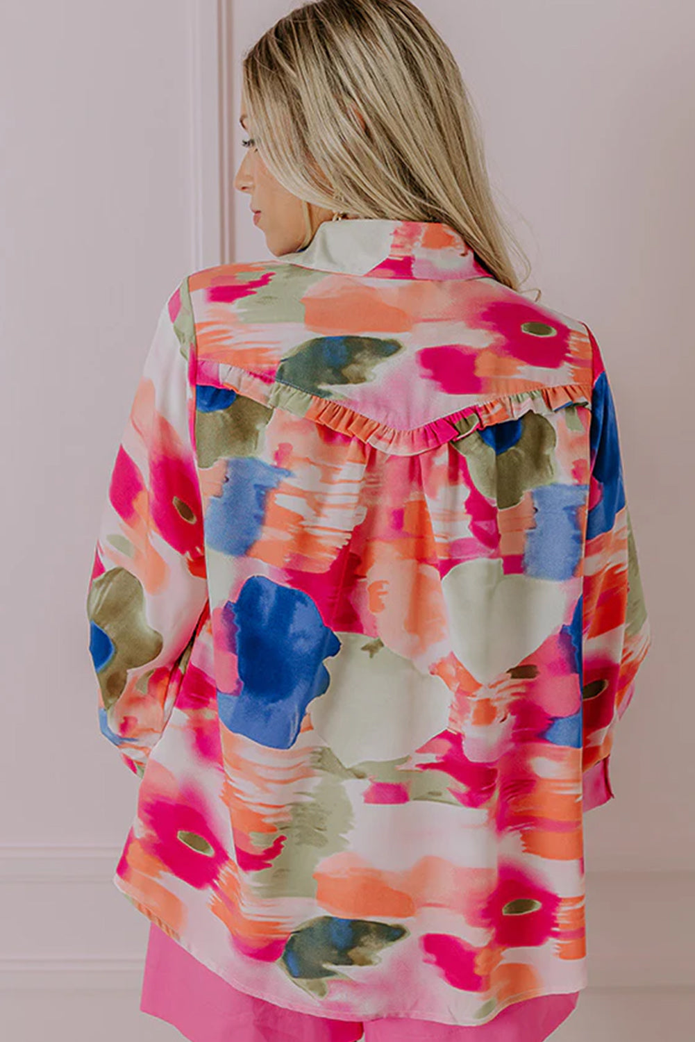 Rose Abstract Print Ruffled Puff Sleeve Shirt-True and Wild