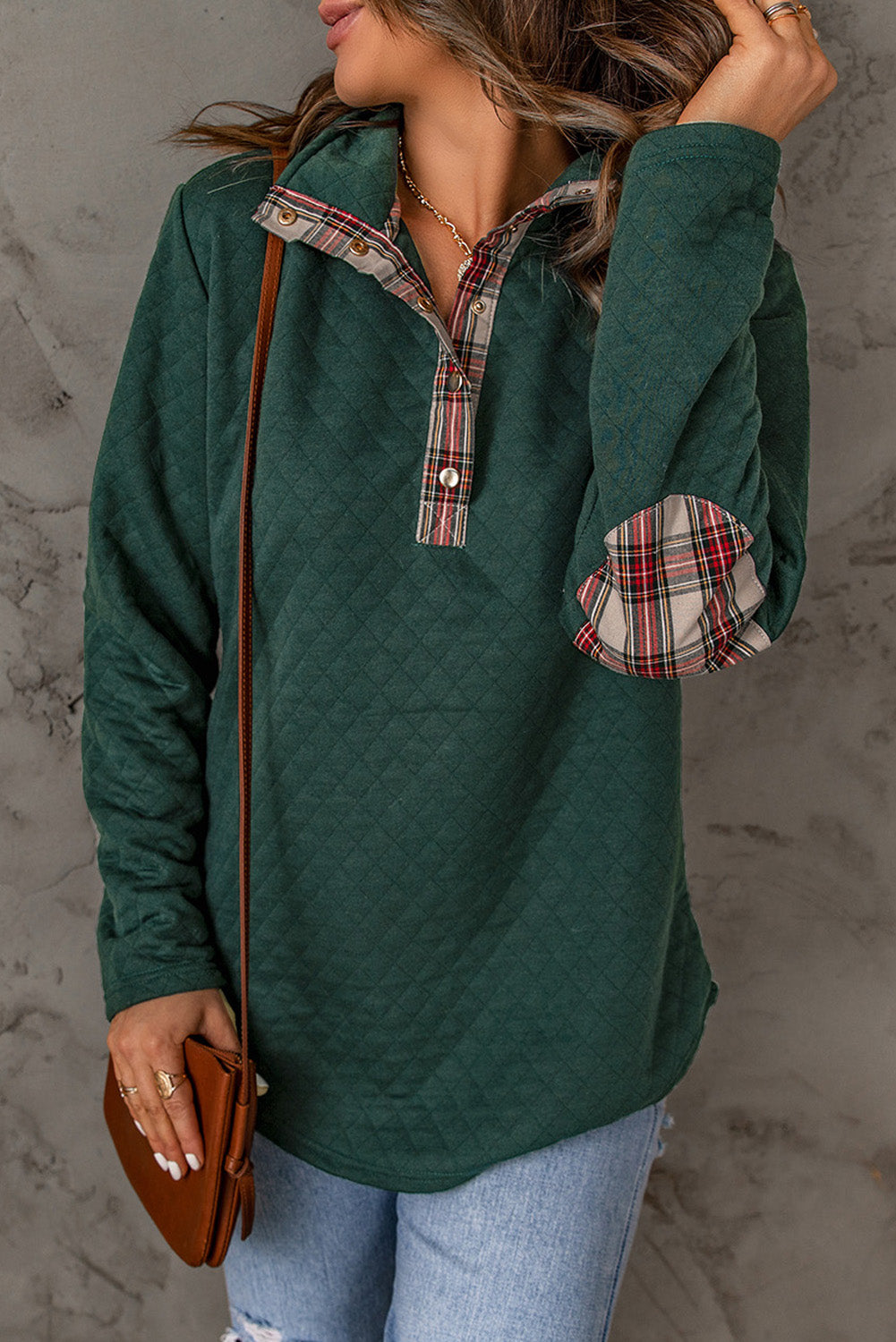 Red Plaid Geometric Texture Trim Button Neck Sweatshirt-True and Wild