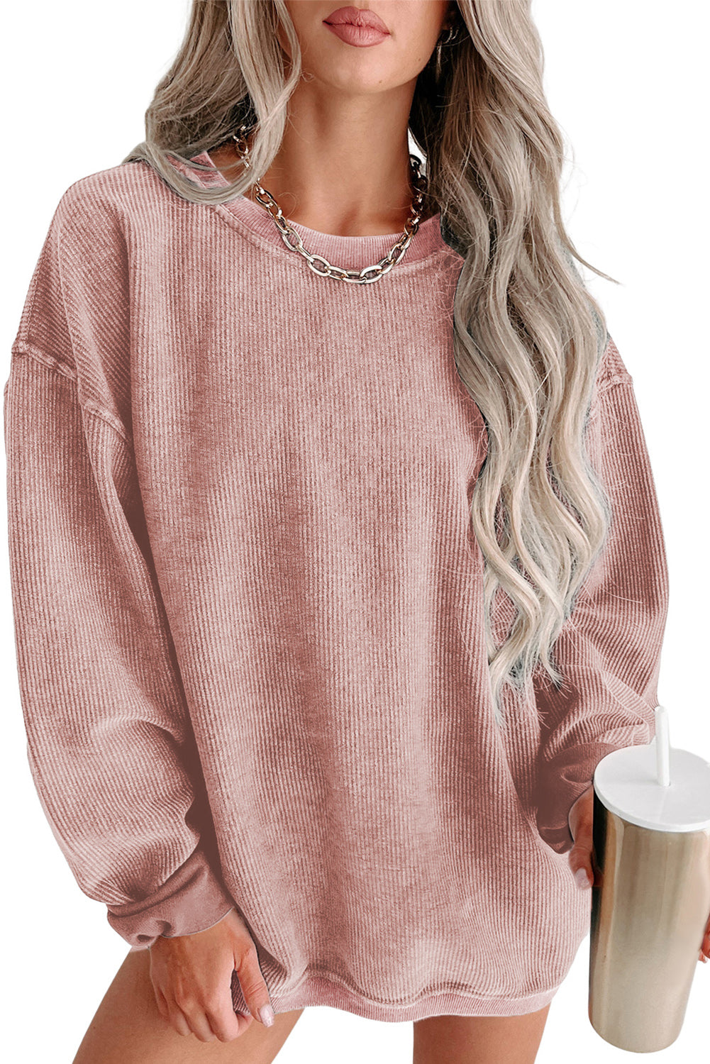 Pink Solid Ribbed Round Neck Pullover Sweatshirt-True and Wild