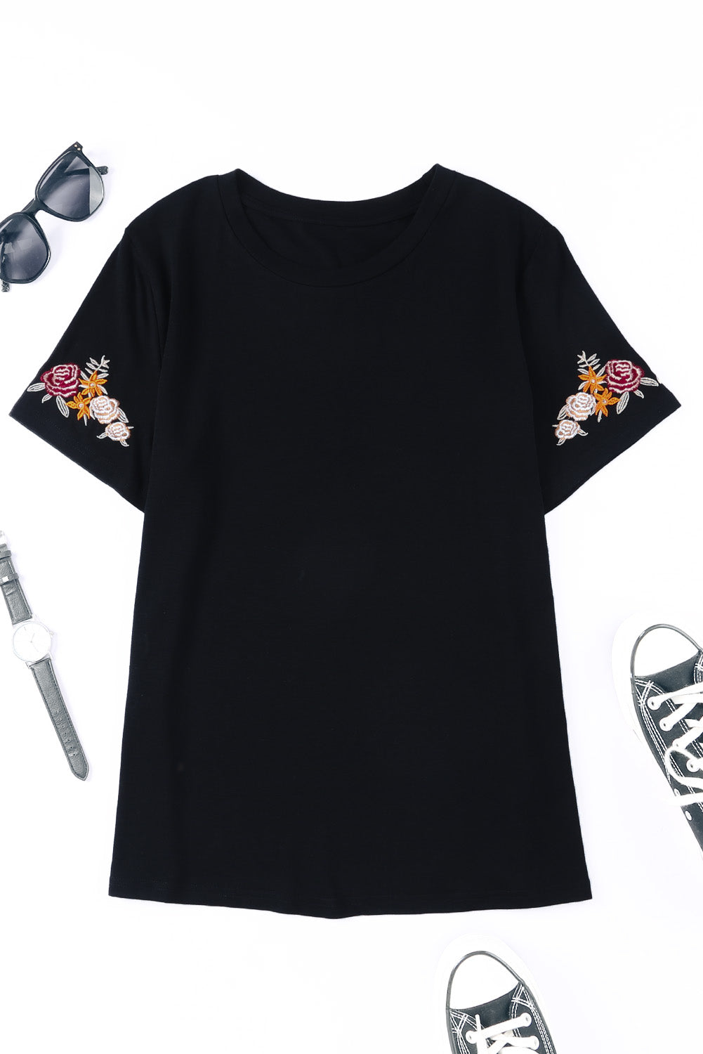 Black Casual Floral Embroidered Round Neck T Shirt-True and Wild