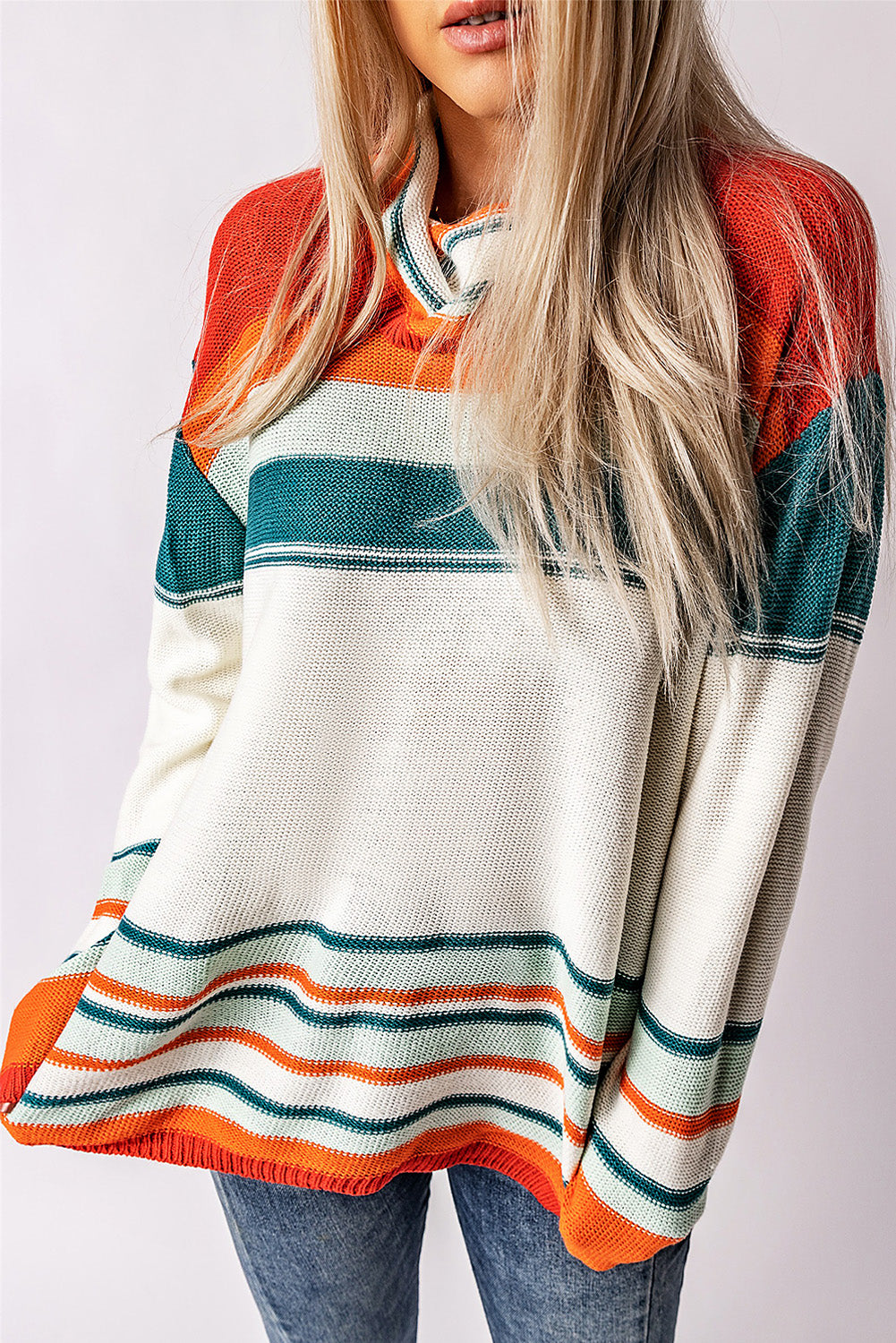 Contrast Striped Turtleneck Dropped Shoulder Sweater-True and Wild