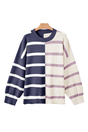 Light Beige Striped Colorblock Drop Shoulder Sweater-True and Wild