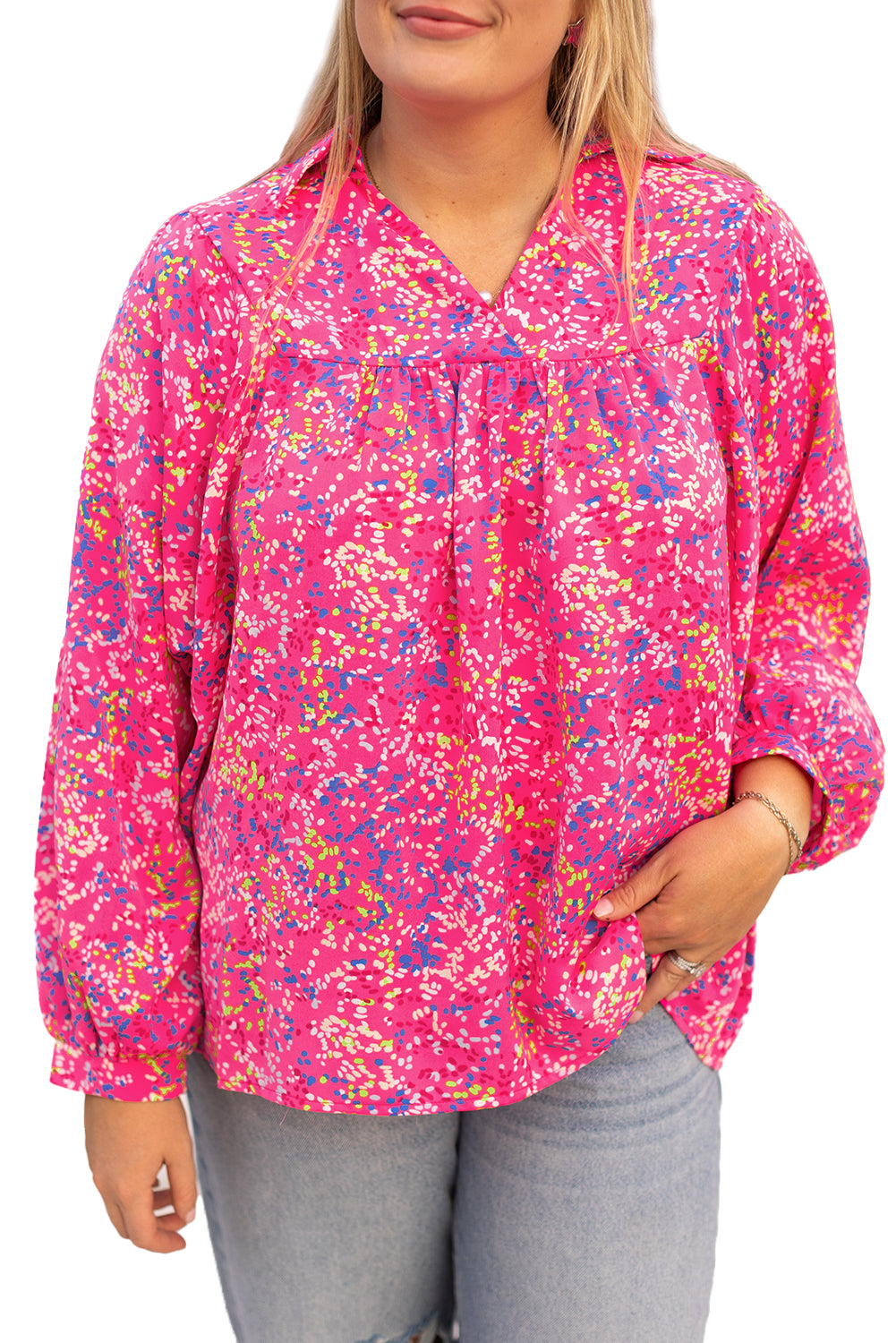 Purple Abstract Print Puff Sleeve V Neck Plus Size Blouse-True and Wild