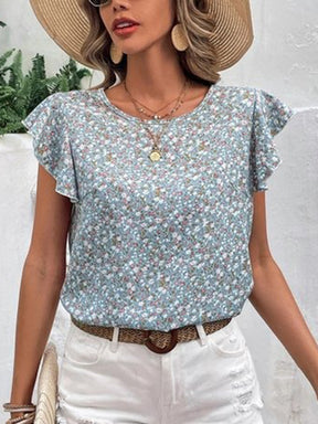 Ditsy Floral Round Neck Cap Sleeve Top-True and Wild