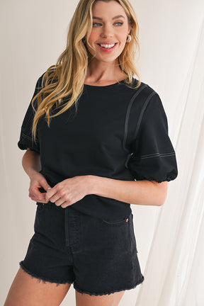 Black Half Puff Sleeve Round Neck Casual Blouse-True and Wild