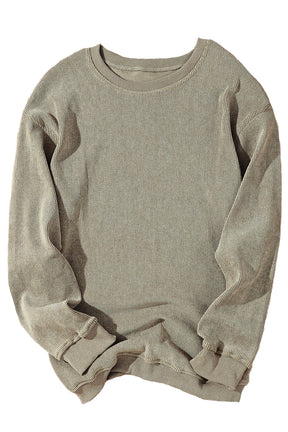 Pink Solid Ribbed Round Neck Pullover Sweatshirt-True and Wild