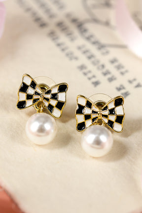 Black Checkered Bow Pearl Drop Earrings