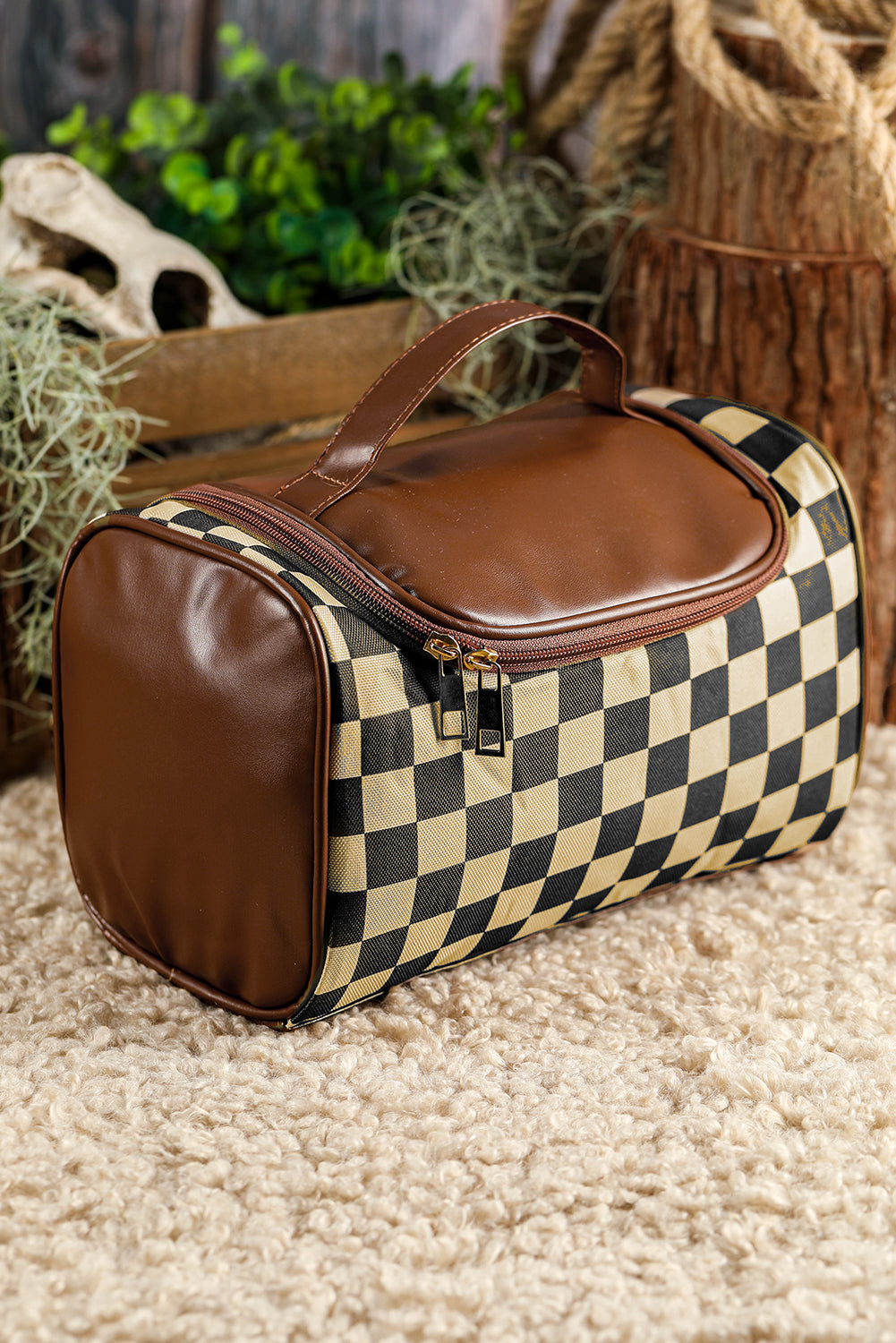 Black Checker Print Leather Zipper Makeup Bag-True and Wild