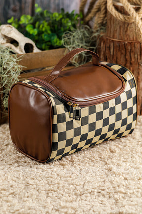 Black Checker Print Leather Zipper Makeup Bag-True and Wild