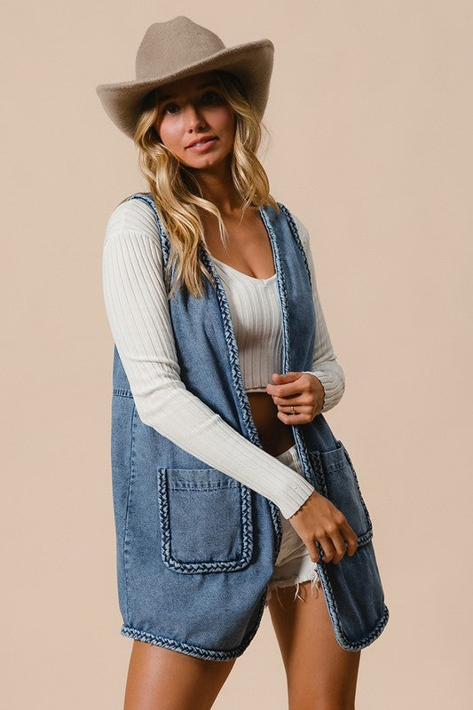 BiBi Braided Trim Open Front Denim Vest with Pockets-True and Wild