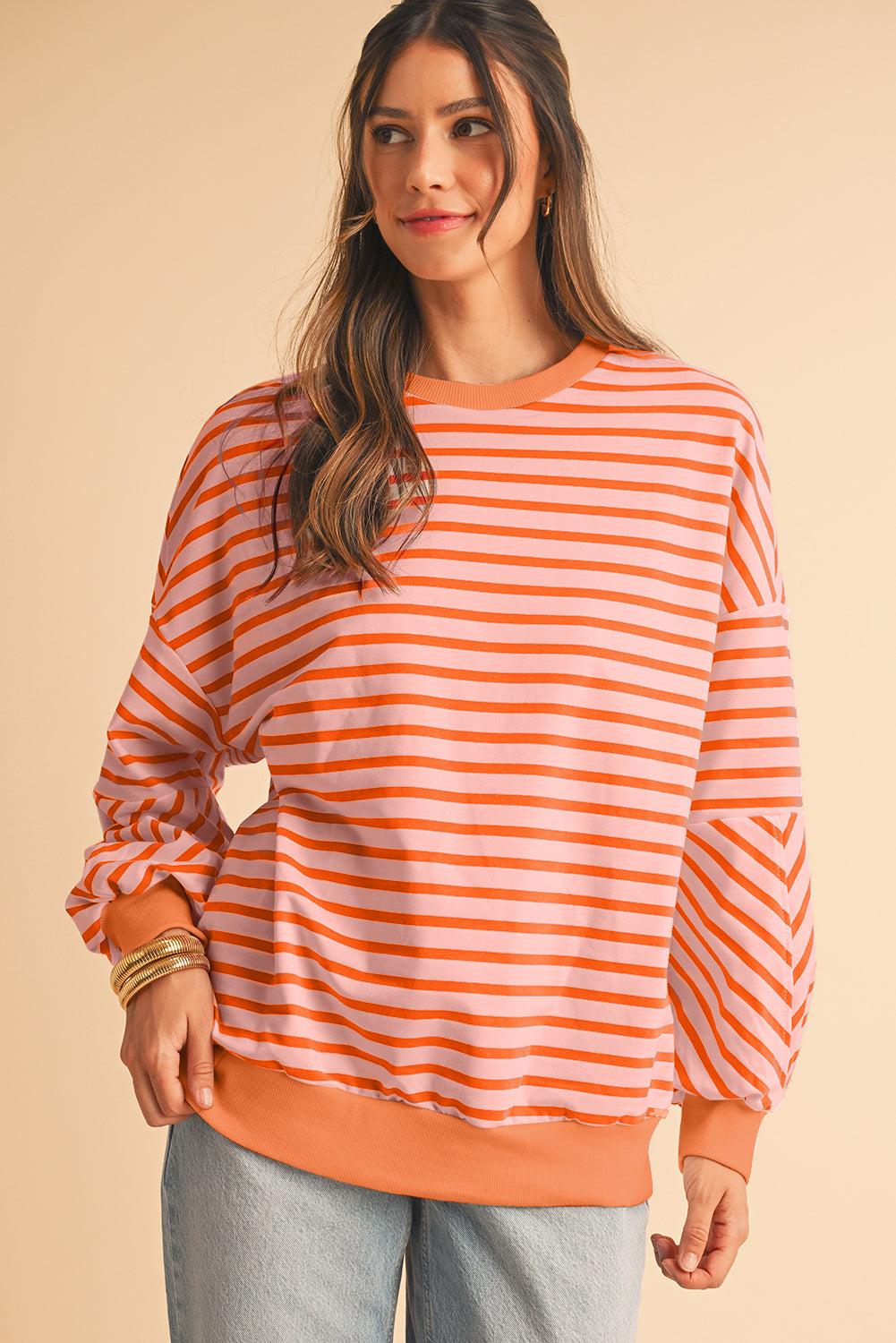 Blue Stripe Drop Shoulder Crew Neck Loose Sweatshirt-True and Wild