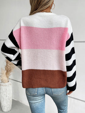 Color Block Round Neck Long Sleeve Sweater-True and Wild