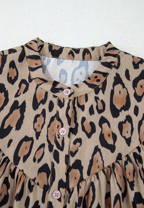 Leopard Notched Long Sleeve Blouse-True and Wild